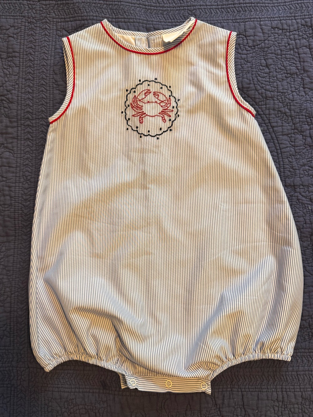 The Proper Peony 2T Navy Stripe Baby Bubble Romper with Red Crab Embroidery